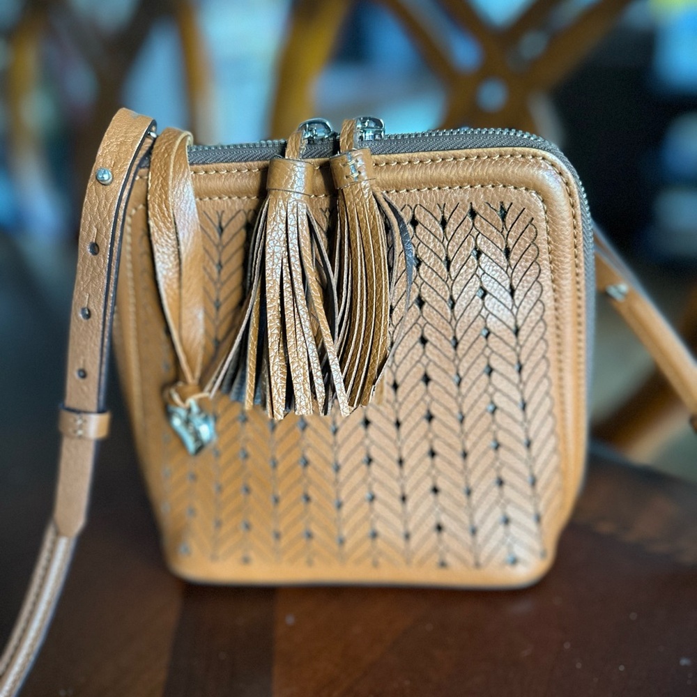 BRIGHTON FERRARA ANDRETTA LEATHER Crossbody Purse - Brown/Strap, Tassels & Charm - Picture 2 of 11